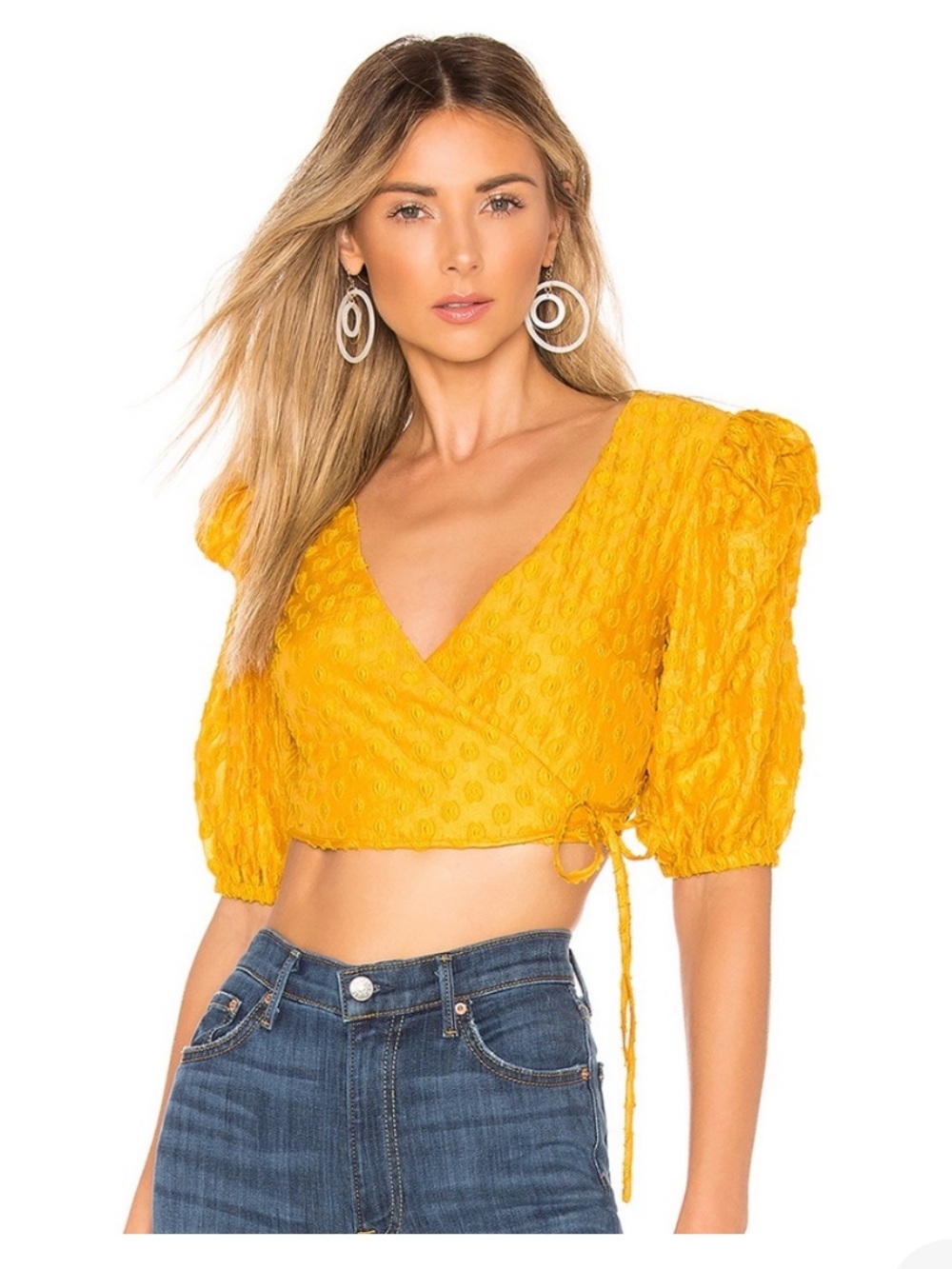 Majorelle Spencer Yellow Wrap Crop Top with Puff Sleeves